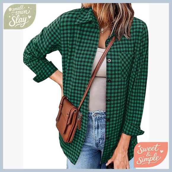 Tops - Long Sleeve Plaid Button Down Shirt Regular Fit Polyester Blouse